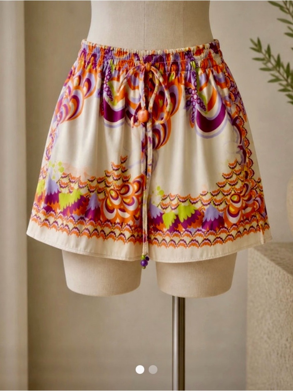 Zara Cream High-Waist Boho Shorts with Orange & Purple Print